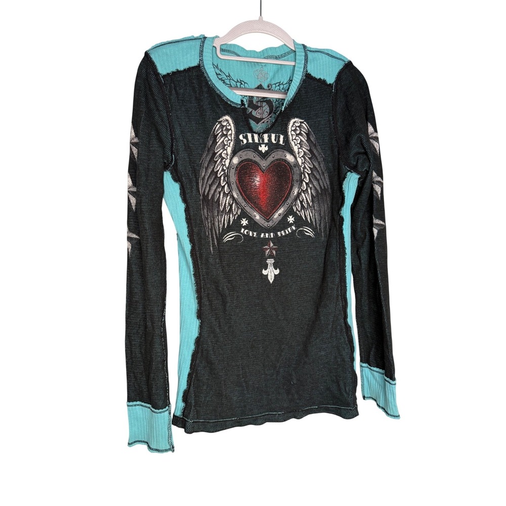 Sinful by Affliction Y2K Thermal Reversible Glitter Heart Turquoise & black top